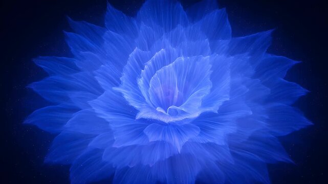 Glowing violet-blue abstract flower with shimmering particles on dark background