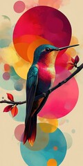 Fototapeta premium vibrant teal and magenta hummingbird perched on a leafy branch against overlapping colorful circles, serene and joyful mood