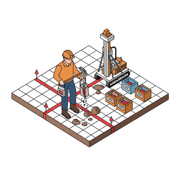 Geotechnical engineer collecting soil samples using a drill rig and grid system for site investigation.