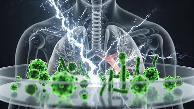 Detailed 3D Medical Animation of Human Lungs with Electrical Activity and Microscopic Organisms on Dark Background