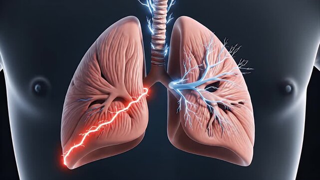 Detailed 3D Medical Animation Of Human Lungs With Electrical Impulses Representing Respiratory System Health And Disease In Dark Grey Studio Lighting