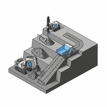 Isometric illustration of a zinc mine with heavy machinery and ore.