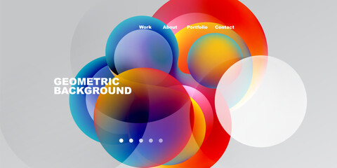 Fototapeta premium Abstract colorful circles overlap, creating dynamic visual effect. Text labels present work, about, portfolio, contact options.