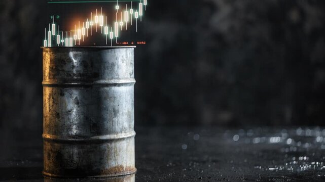 Rusty metal oil barrel industrial container with glowing rising financial and stock candle chart