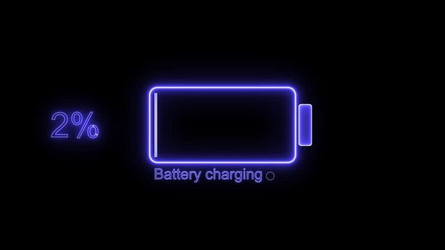 Abstract neon battery charge sign animation. Futuristic glowing polygonal battery icon with electric charging symbol. Bright neon light effect showing power energy and fast charging concept.