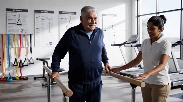 Senior Male Receiving Support During Physical Therapy Session. Older Man Engaged In Physiotherapy With Assistance From Therapist In Welllit Gym Displaying Balance And Strength Exercises