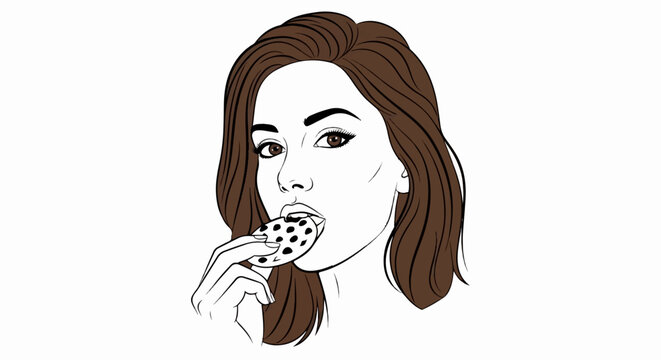 Woman with dark hair eating a polka-dot cookie