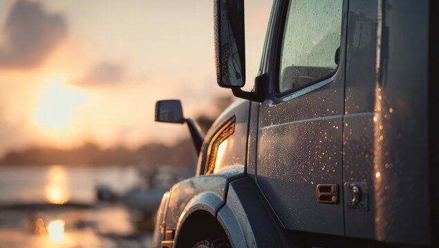 Semi Truck Parked at Sunset on a Wet Road.