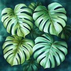 Fototapeta premium Lush overlapping monstera leaves painted in soft greens against a deep teal background, evoking calm tropical serenity