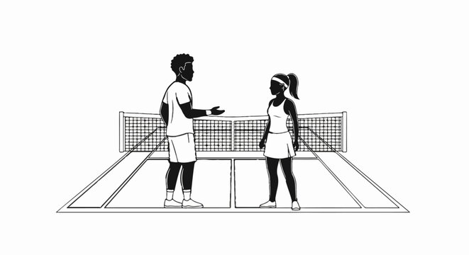 Two silhouettes of tennis players, a male and female, stand on a court