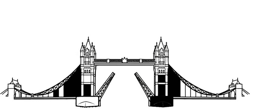 Intricate line drawing of a majestic bridge with open bascules and gothic towers