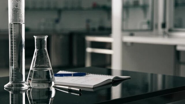 Laboratory glassware beaker graduated cylinder notebook pen glossy bench conveying focused