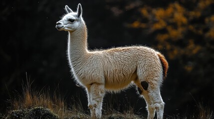 Fototapeta premium Cream-colored llama standing on a grassy hill, backlit against a dark blurred forest with a calm, alert expression