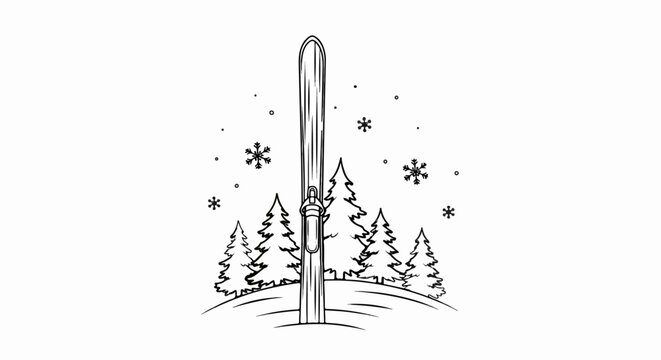 Stylized ski in snowy landscape with fir trees and falling snowflakes