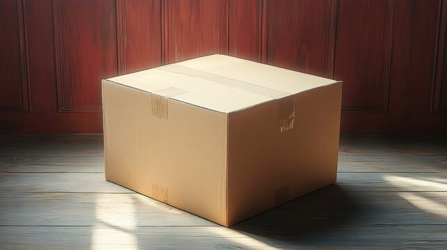 sealed cardboard box on a sunlit wooden floor beside a red paneled wall, casting long shadows, quiet, expectant mood