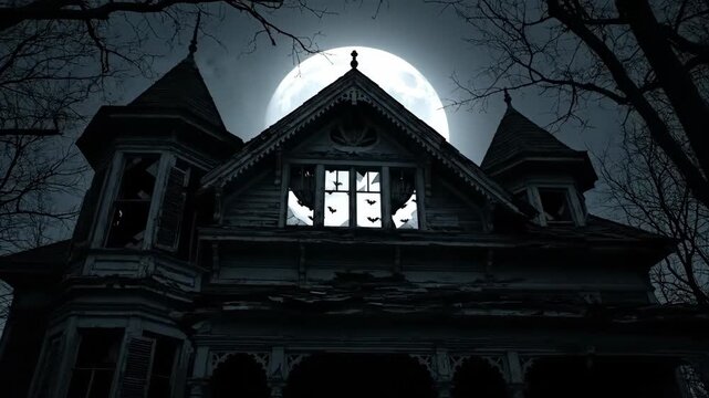 Spooky abandoned house at night with full moon, creepy abandoned building and trees.