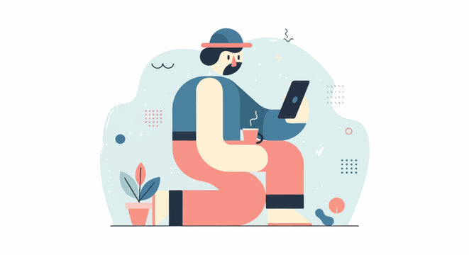 Minimalist illustration of a person with a beard holding a tablet and a cup of coffee