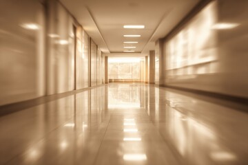 Obraz premium Empty Modern Hospital Corridor with Bright Lighting and Reflective Floors.