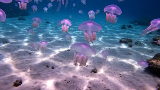 Underwater shot of a swarm of violet jellyfish swimming over sandy ocean floor. Ocean life and sea creatures in a stunning display.