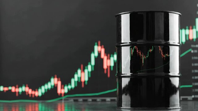 Black oil barrel with rising stock chart, candlestick reflection and volatile energy market trend