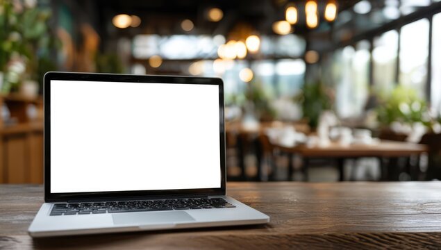 Laptop with blank screen on a wooden table in a cafe.