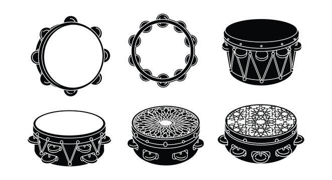 Collection of various percussion instruments tambourines and drums shown in silhouette