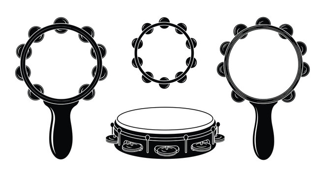 Collection of various percussion instruments tambourines and drums shown in silhouette