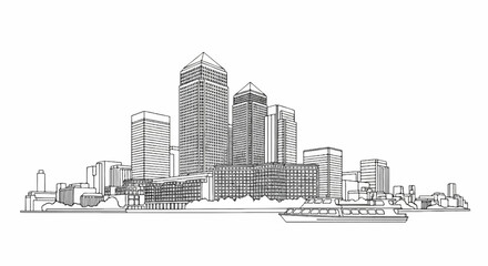 Fototapeta premium Monochrome line drawing of a modern city skyline with a boat