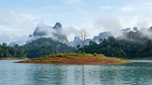Dramatic misty limestone karsts rise above a serene tropical lake, with a solitary bare tree standing on a small island.