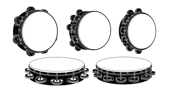Collection of various percussion instruments tambourines and drums shown in silhouette
