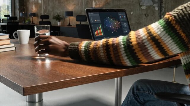 Wooden desk laptop analytics coffee cup person working focused productive with notebook and glass