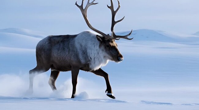 Majestic wild reindeer with large antlers walking through deep white snow in a vast arctic winter landscape, showcasing wildlife and nature in cold climate