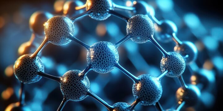 Close-up of interconnected metallic blue molecular spheres in a glowing hexagonal lattice, conveying futuristic scientific wonder