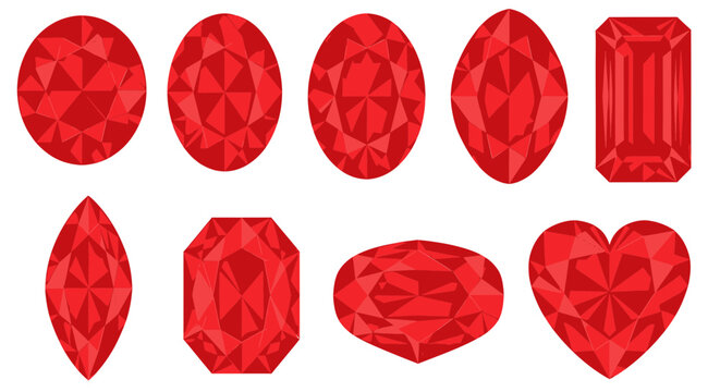 Collection of ten different cuts of red gemstones on white background