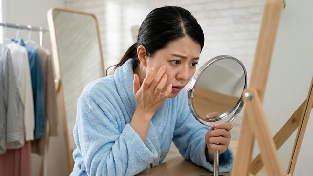 Concerned woman examining her face in a mirror, touching skin, worried about wrinkles and aging