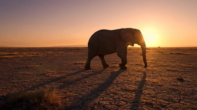 Lone elephant walks on cracked earth at sunset. African wildlife at dusk.