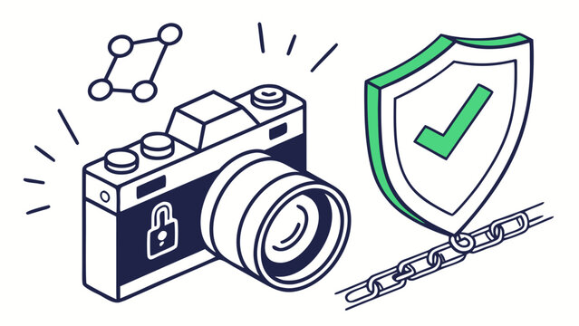 Secure digital camera and shield with check mark illustrating image protection copyright and blockchain authentication