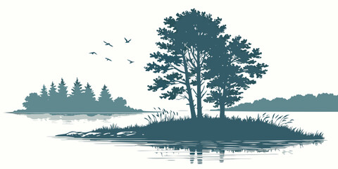 A small island with trees on a lake Vector © MD MOGAMMEL HAQUE 