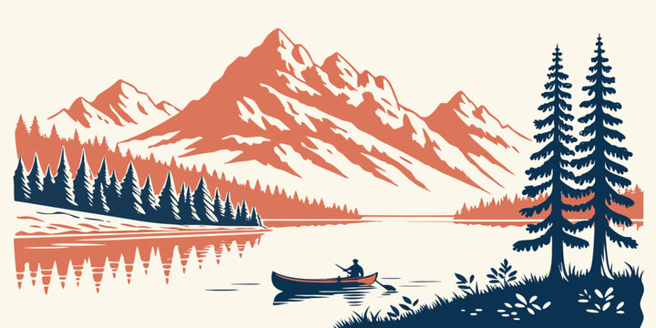 A serene mountain lake scene with a small boat Vector