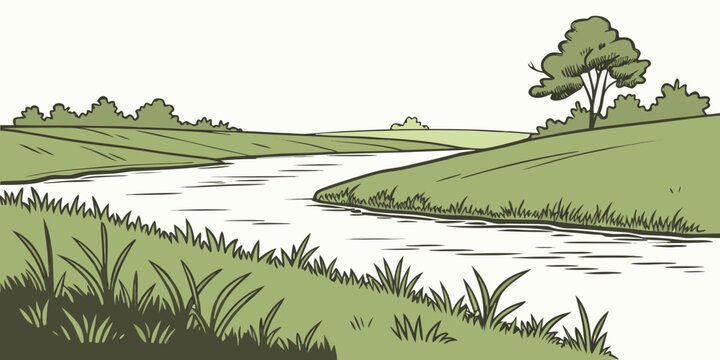 A serene landscape with a river flowing through green fields and trees Vector