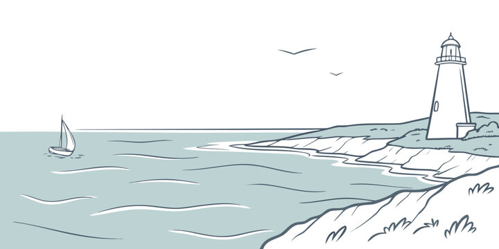 A lighthouse on a rocky coastline with a sailboat in the distance Vector