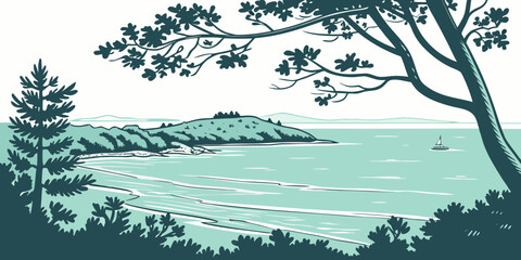 A serene lake scene with trees and a distant shoreline Vector © MD MOGAMMEL HAQUE 