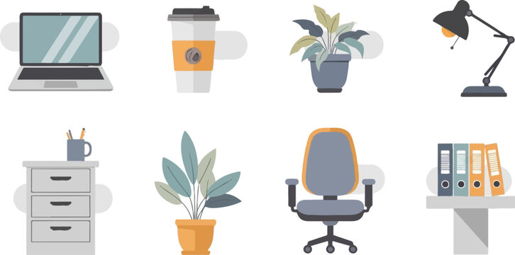 Office scene with a laptop, coffee cup, plants, desk, chair, lamp, and binders