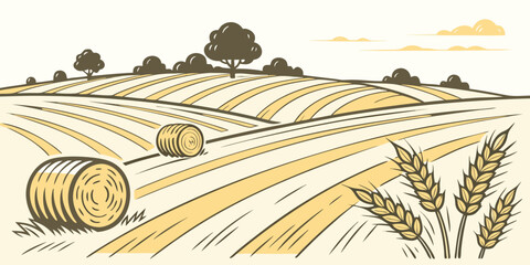 A field with hay bales and trees in the distance Vector © MD MOGAMMEL HAQUE 