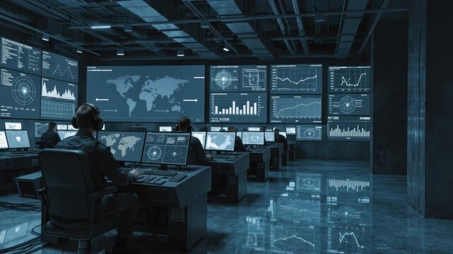 Control room operators monitor global maps and data feeds workstation monitors, focused