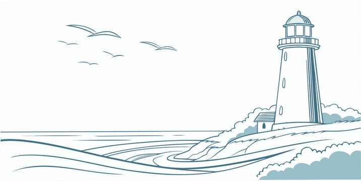 A blue lighthouse on a rocky coastline with waves Vector