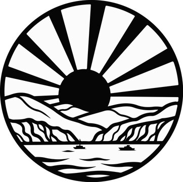 Stylized sunrise over mountains and a body of water with boats