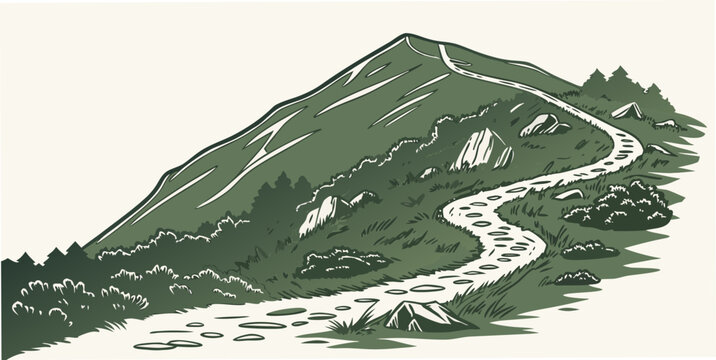 A green mountain with a winding road going up Vector