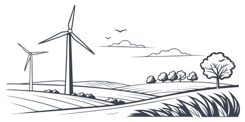 Wind turbines in a rural landscape with trees and grass Vector © MD MOGAMMEL HAQUE 