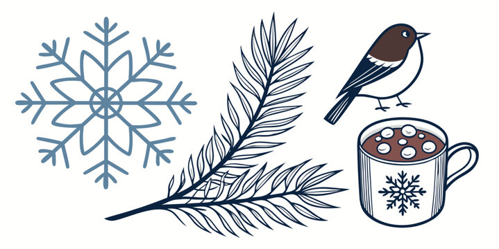 A bird perches on a mug with a snowflake and pine branch Vector